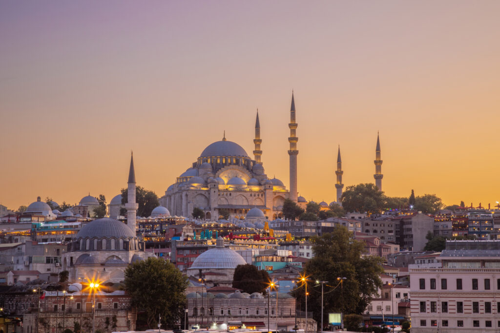Historic Suleymaniye Mosque at dusk. Istanbul, Turkey