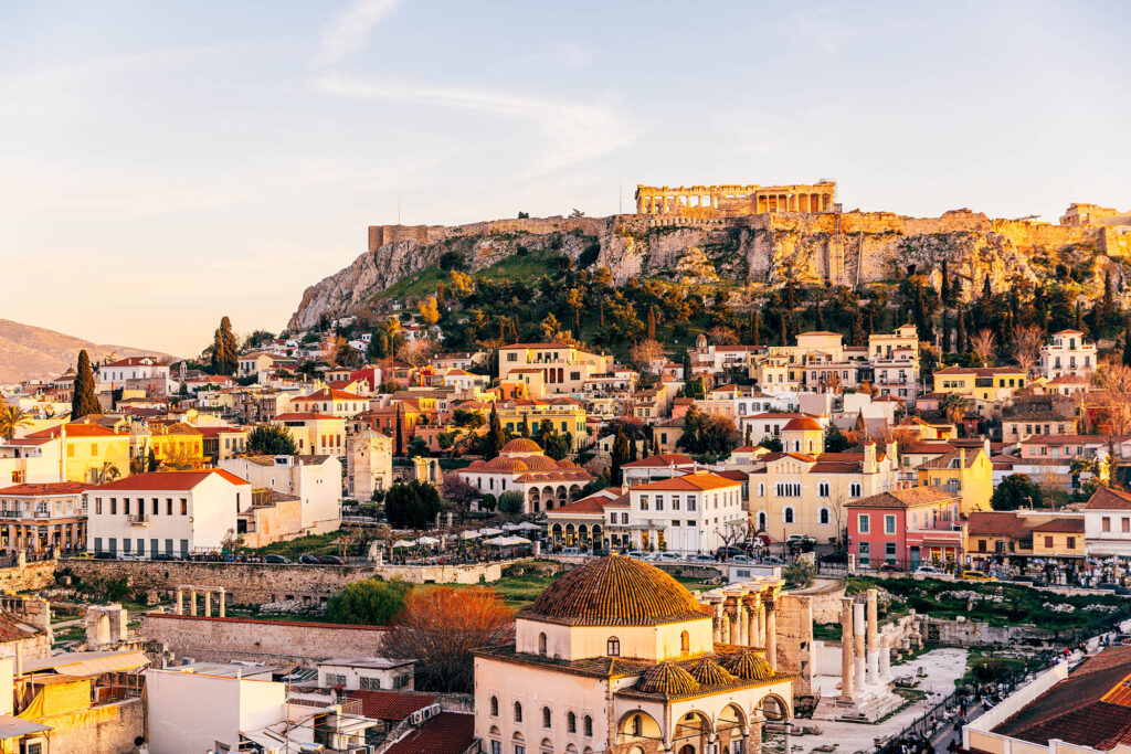 Plaka historic district and Acropolis on a sunny day, elevated view, Athens, Greece